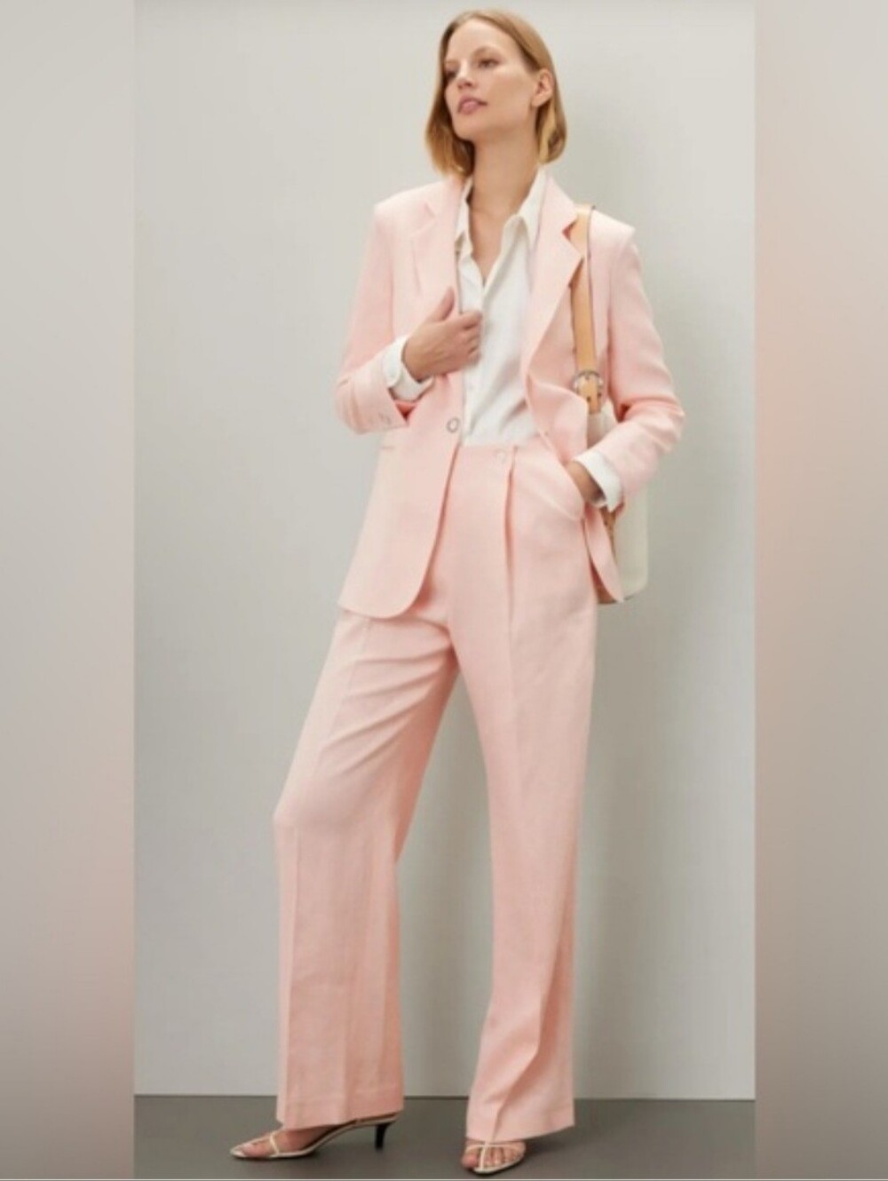 Hugo Boss Pale Pink Tapito Pants Linen-Blend Wide-Leg Trousers Sz 6 $298